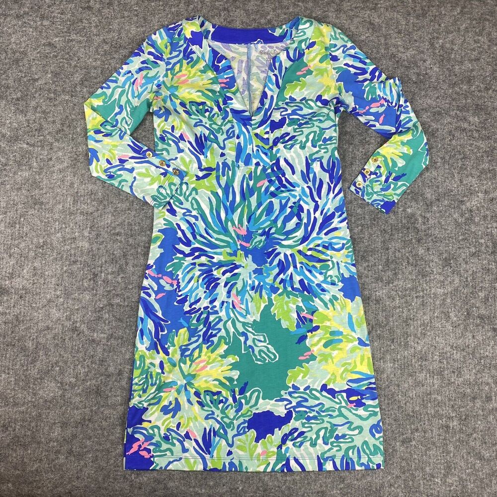 Lilly Pulitzer Dress Women XS Wade and Sea Riva Gold Buttons V-Neck Ocean